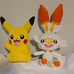 Pokemon Pikachu & Scorbunny Plush Duo in Yellow, White and Orange